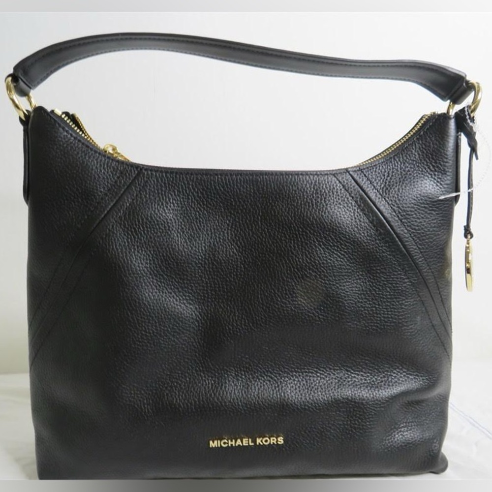 NWT Michael Kors Black Grained Leather Aria Hobo Shoulder Bag, (11" x13" x4")